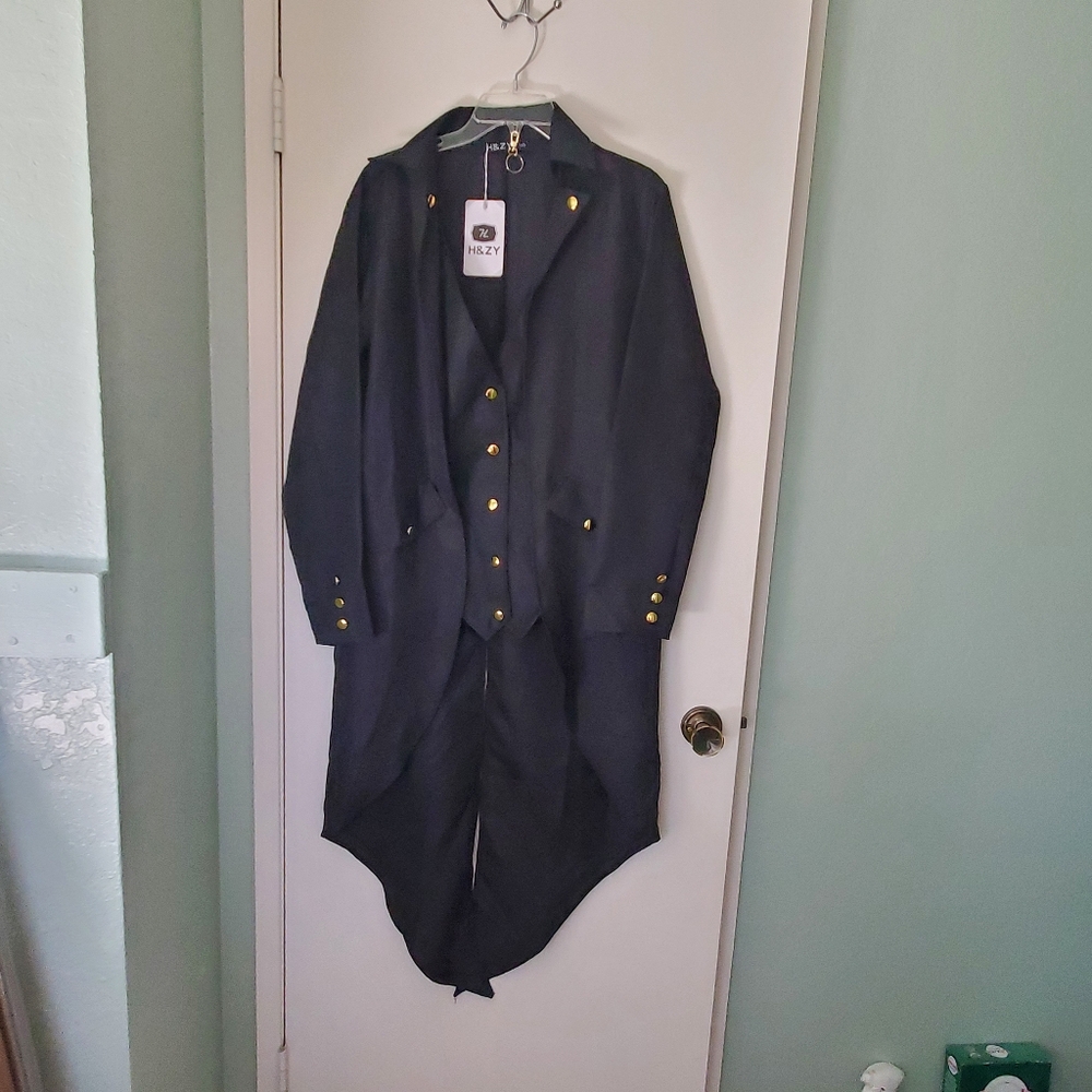 Men's Black Trench Coat with Gold Accents